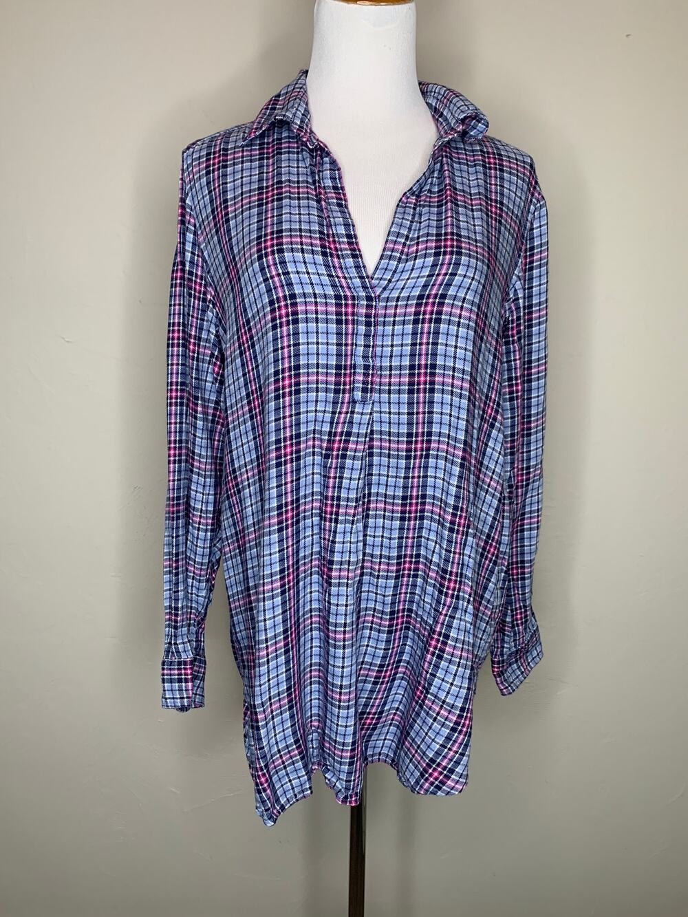 Gap Blue Pink Popover Flannel Shirt Top Sz Medium